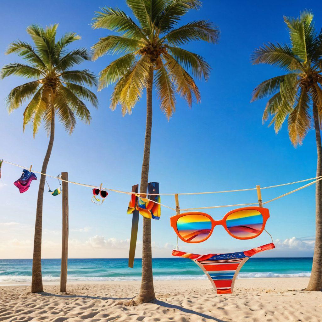 A vibrant beach scene featuring colorful bikinis displayed on a clothesline with tropical palm trees swaying in the background. In the foreground, a classic film reel and a pair of sunglasses accentuate the connection between beach fashion and cinema. The sky should be a gradient of sunset colors, creating a relaxed, summery vibe. super-realistic. vibrant colors. white background.