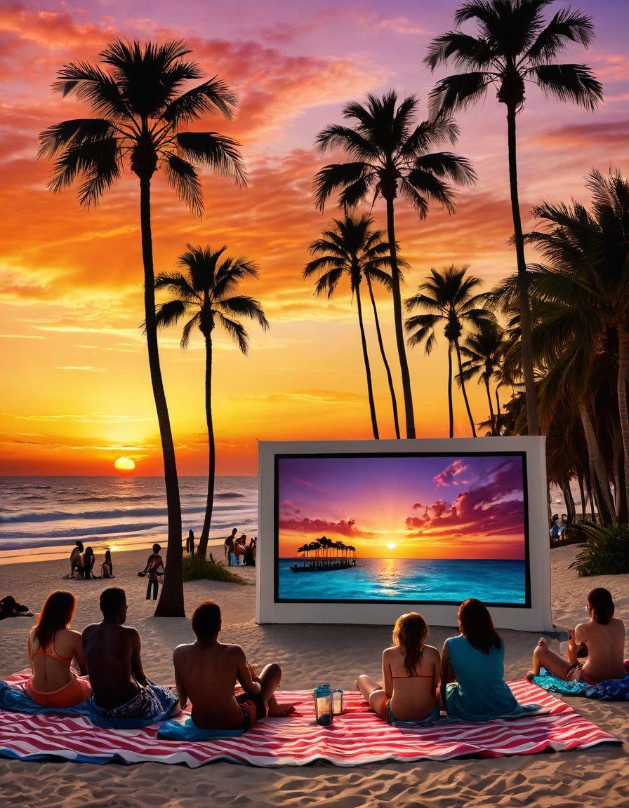 A vibrant beach scene featuring a diverse group of people lounging in stylish swimwear while watching a large outdoor movie screen. The setting includes palm trees, colorful beach towels, and a sunset reflecting off the ocean waves. Add elements like popcorn and beach balls for a fun vibe. The atmosphere should convey relaxation and enjoyment, merging cinema and beach culture beautifully. super-realistic. vibrant colors. dramatic sunset.