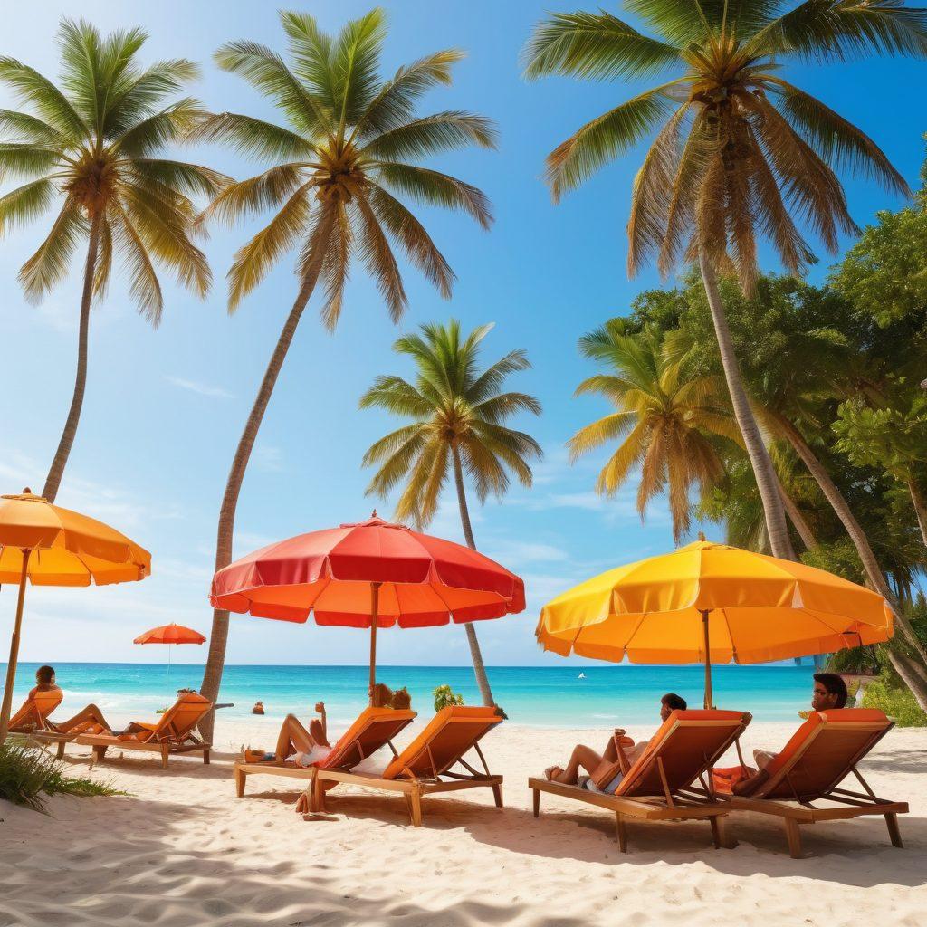 A vibrant beach scene featuring diverse models showcasing the latest beachwear trends, lounging under colorful umbrellas. In the background, a giant screen displays iconic films of the season like cinematic masterpieces, with movie characters blended into the beach atmosphere. Soft waves lap at the shore, and palm trees sway gently, creating a tropical paradise vibe. The colors are bright and inviting, capturing the carefree essence of summer. vector art. vibrant colors. white background.